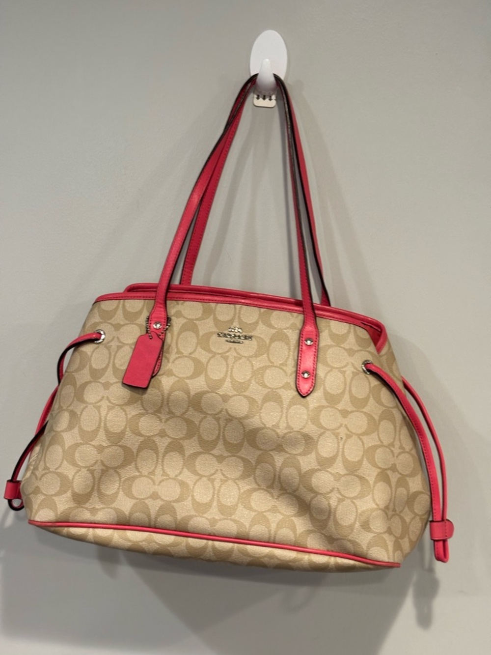 Coach Beige Signature Tote with Pink Trim and Handles